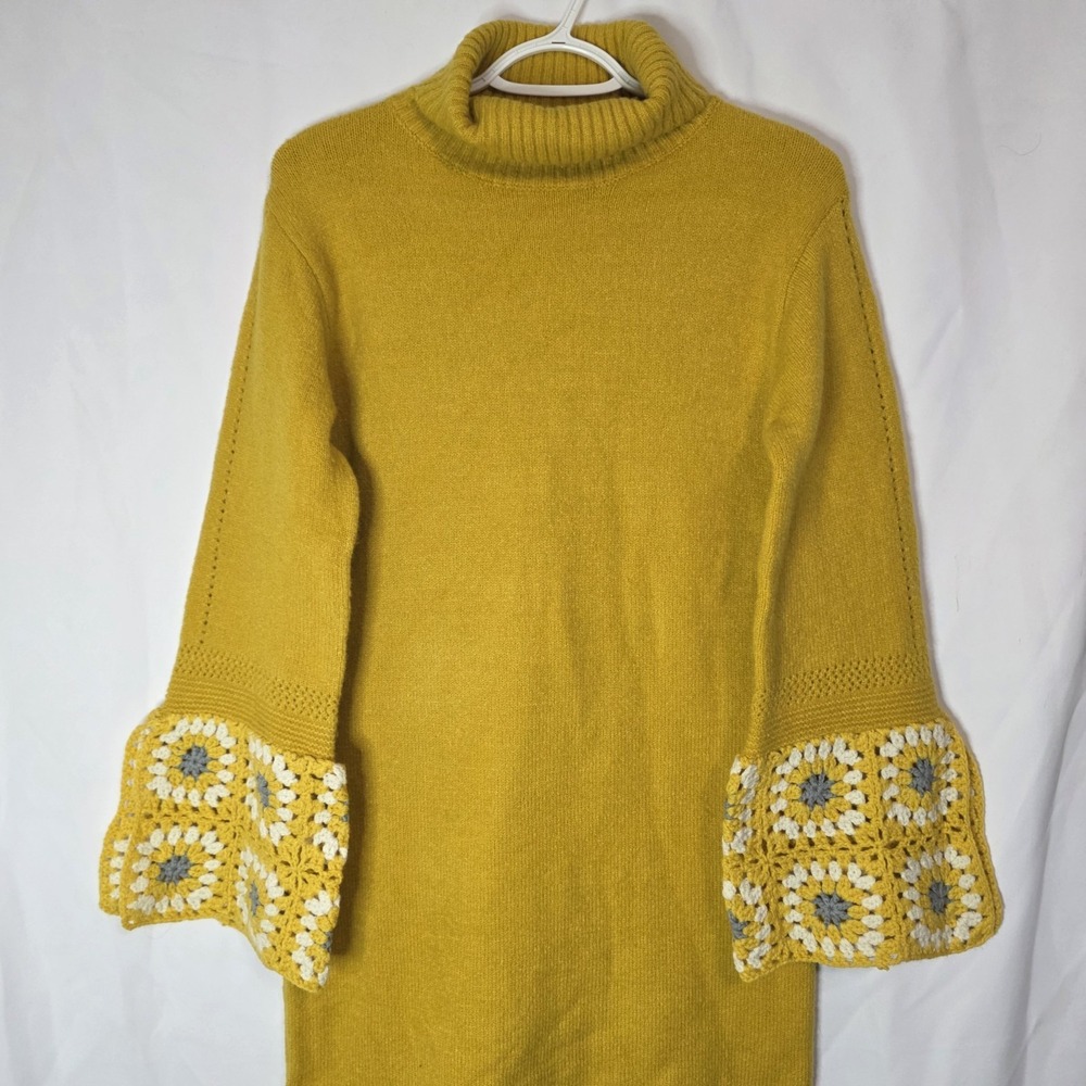 Yellow Crochet Hippie Bell Sleeve Knit Sweater Dress Cozy Cottagecore Boho M - Picture 3 of 11
